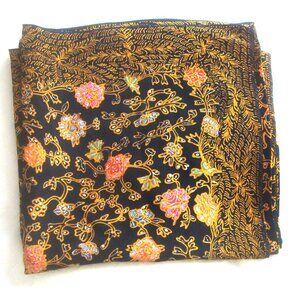 Asian Floral Silk Large Square Scarf Wrap Black Orange